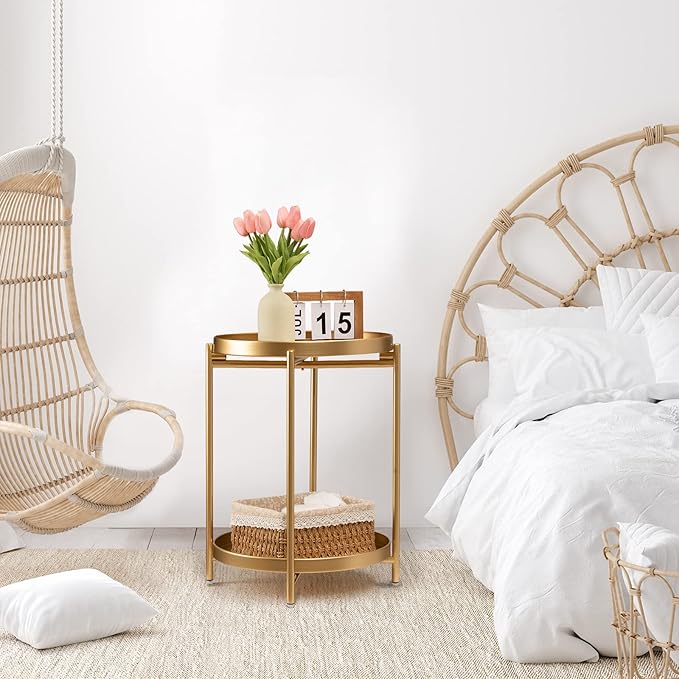 TeoKJ 2 Tier Round Side Table, Folding Metal Small Bedside Nightstand for with Two Removable Tray for Bedroom Living Room Bedside Small Spaces Gold