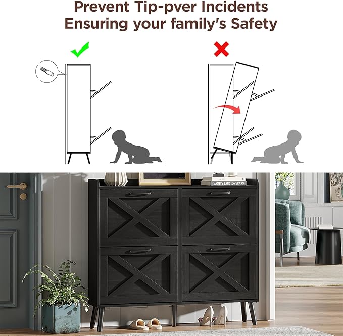 Maupvit Large Shoe Storage Cabinet with 4 Flip Drawers, Narrow Shoe Cabinet for Entryway with Wooden Legs, Freestanding Hidden Shoe Rack Organizer ＆ Metal Hinges, Black