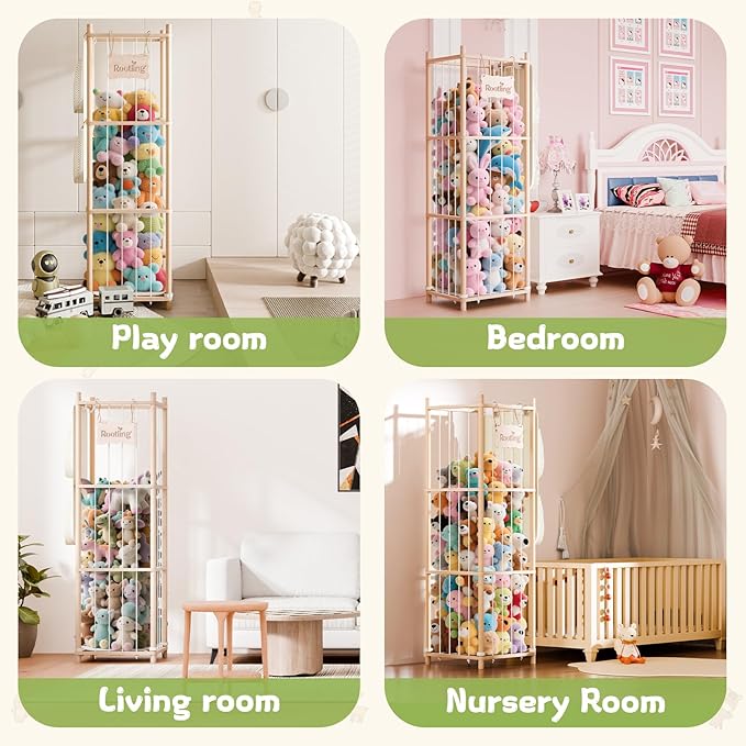 Stuffed Animal Storage & Organizer, 54 inch Tall Wooden Cute Zoo Toy Holder w/Building Block Storage Bag, Premium Wooden Material with Elastic Cord For Toddler Rooms, Playrooms & Bedrooms