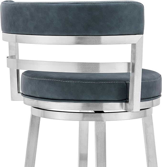 Armen Living Madrid 30" Seat Height Swivel Modern Blue Faux Leather and Brushed Stainless Steel Bar Stool for Kitchen Island Counter