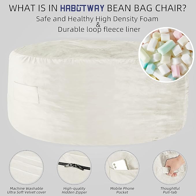 HABUTWAY Bean Bag Chair: Giant 5' Memory Foam Furniture Bean Bag Chairs for Adults with Microfiber Cover 5Ft (Beige)