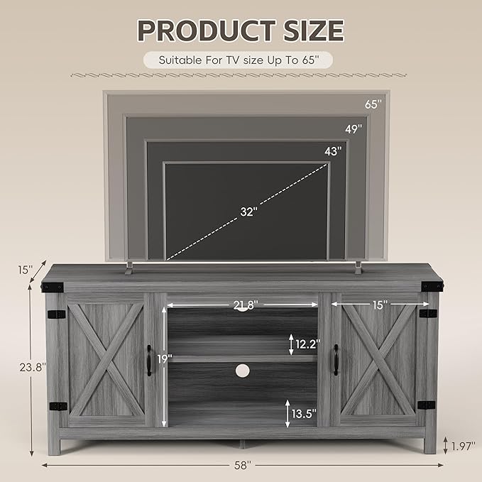 YESHOMY Modern Farmhouse TV Stand with Two Barn Doors and Storage Cabinets for Televisions up to 65+ Inch,Entertainment Center Console Table,Media Furniture for Living Room, Grey