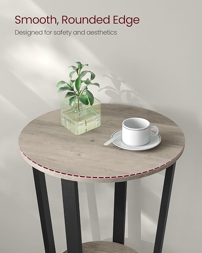 VASAGLE End Table, Round Side Table with Storage Shelf, Easy Assembly, Industrial Accent Furniture with Steel Frame, Heather Greige and Black ULET057B02