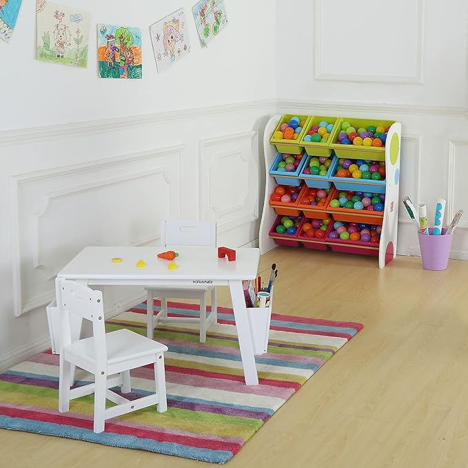 Kids Solid Wood Table and 2 Chair Set with Built-in Storage Cases Children's Storage Table and Chair Set for Toddlers Boys and Girls (Bianca White)