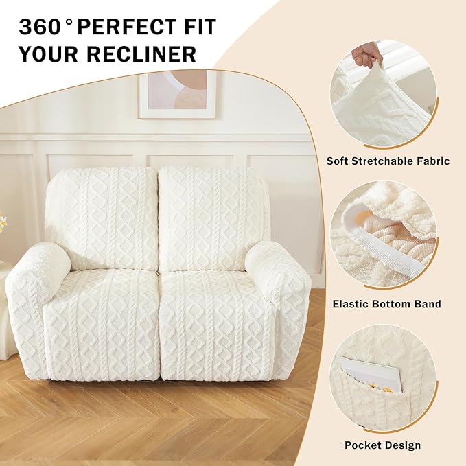 vctops 6 Pieces Geometric Jacquard Plush Recliner Loveseat Slipcovers Soft Fuzzy Fluffy Sofa Couch Cover Anti-Slip Furniture Protector with Elastic Bottom for Kids Cats Dogs(Cream,2 Seat)