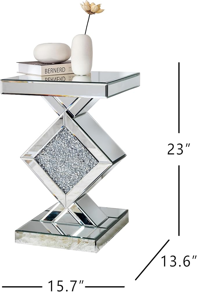 SHYFOY Mirrored End Table, Mirror Accent Side Table with Crushed Crystal Diamond, Finished Small Coffee Table, Glass Bedside Lamp Table, Silver Modern Style Decor for Living Room, Balcony, Bedroom