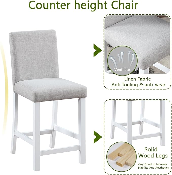 KEIKI 5-Piece Counter Height Dining Table Set with Square Table and 4 Upholstered Chair, for 4 Person, Modern Style Crystal Decoration Wooden Table Set, Easy Assembly, for Kitchen, Dining Room,White
