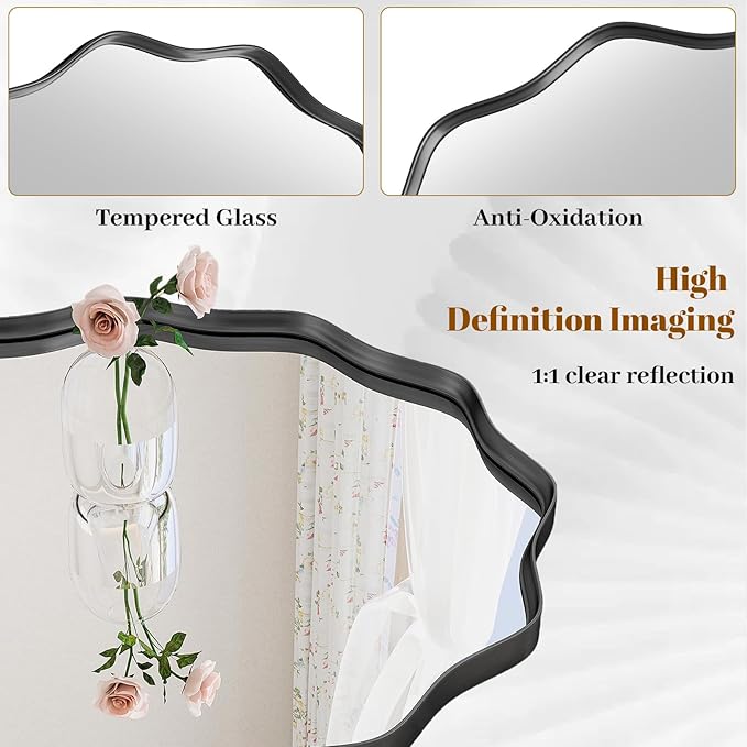 Round Wavy Mirror, 24 Inch Metal Frame Circle Mirror, Round Wall Mounted for Entryway, Bathroom, Vanity, Living Room, Black