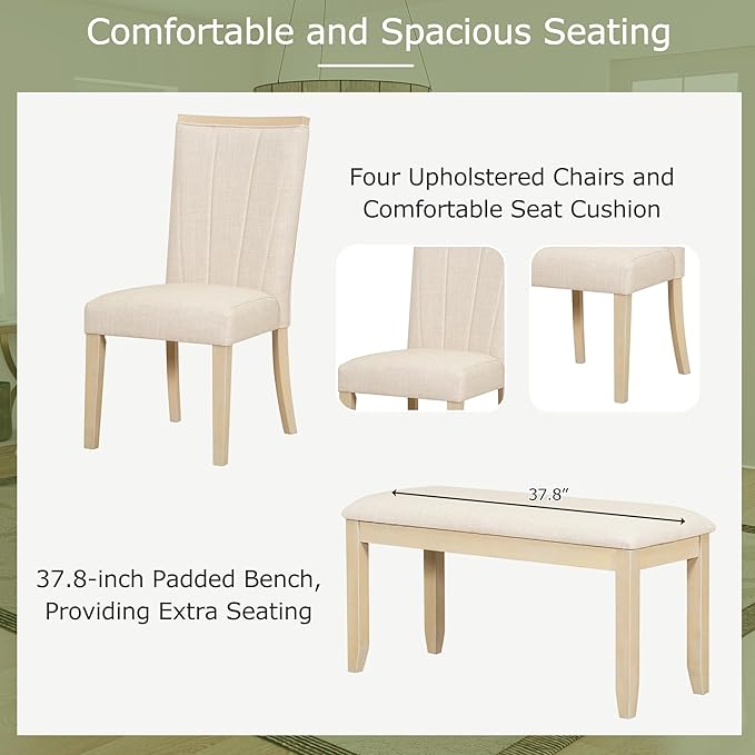 Ball & Cast 6 Piece Dining Table Set with 4 Upholstered Chairs & 1 Bench,Wooden Living Room Furniture for 6 W/ 78" Rectangle Kitchen Desk,for Restaurant,Home Bistro,Natural+Beige