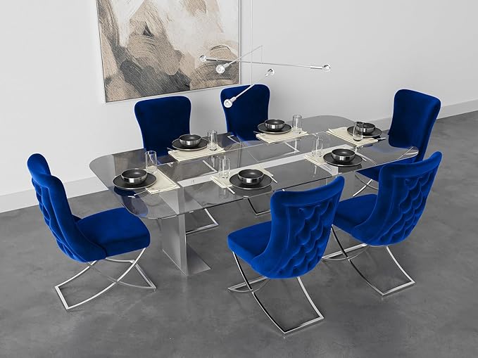Ottomanson Royal Dining Chairs Set of 8 – Upholstered Tufted Microfiber, Assembled, Silver Metal Legs, Beech Wood Frame, 350 lb Capacity, Blue