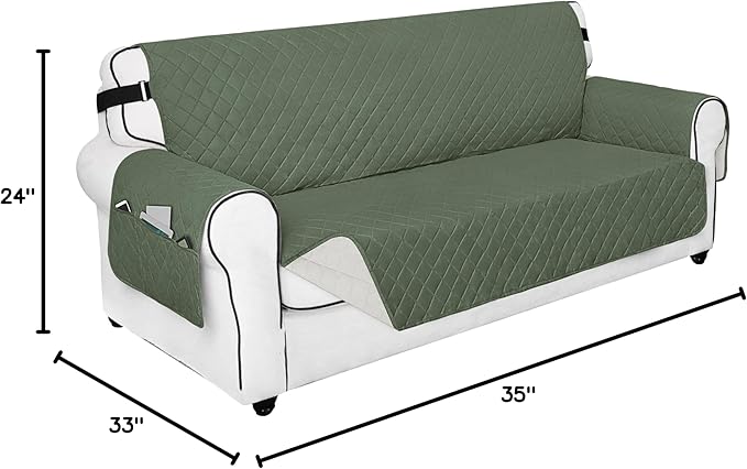PureFit Reversible Sofa Couch Cover Water Resistant Couch Covers for 3 Cushion, Washable Furniture Cover with Non-Slip Foam and Adjustable Strap for Dogs, Pets (Oversized Sofa, Grayish Green/Ivory)