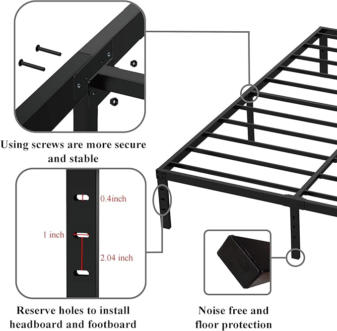 King Bed Frame No Box Spring Needed, 14 Inch Heavy Duty King Platform Bed Frame, 1200lbs Steel Slats Support, Easy Assembly, Black