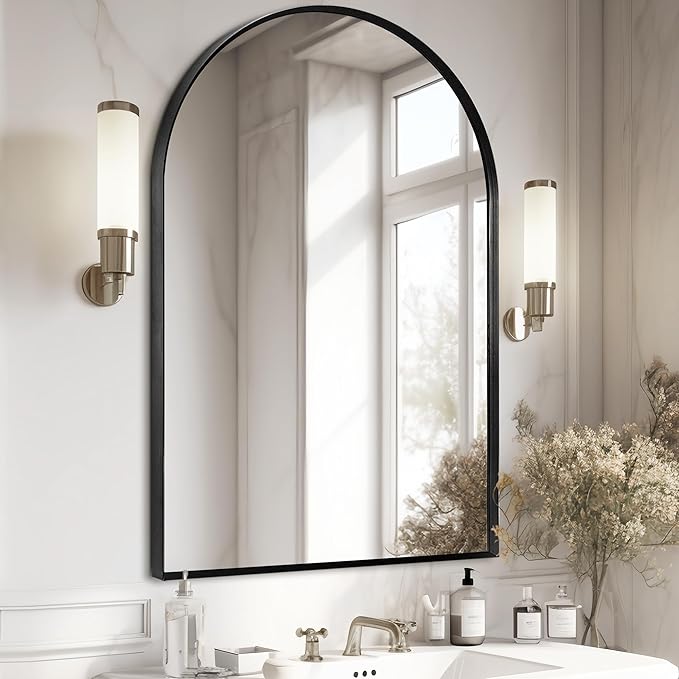 28" x 36" Black Arched Mirror, Large Arch Bathroom Wall Mirror, Metal Frame Arched Top Bathroom Vanity Mirror for Living Room, Bedroom, Entryway, Tempered Glass, Shatter Proof