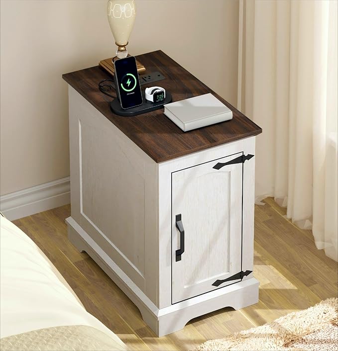 End Tables Set of 2 with Charging Station,13.8" W Narrow Side Table with Storage for Sofa Couch or Bed Side with Outlets & USB Ports, Farmhouse Wooden Nightstand for Bedroom Livingroom