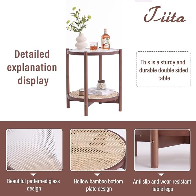 Tiita Rattan Coffee Table, Round End Table, 2-Tier Modern Side Table, Small Bamboo Living Room Side Table, Glass Sofa End Table for Balcony and Office Outdoor/Indoor (Walnut)
