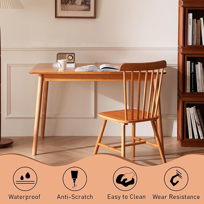 BAKEVE Dining Table for 4-6 Person- 47.2'' Solid Wood Kitchen Table, Mid Century Modern Desk, Farmhouse Rectangular Dining Room Table for Living Room, Office, Kitchen and Study (Cherry)
