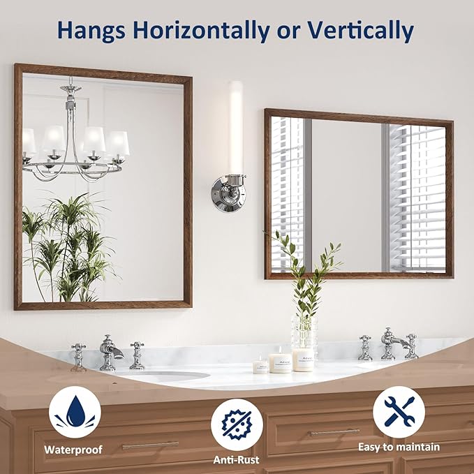 WEER Walnut Bathroom Mirror 24x36 Inch, Walnut Wood Grain Framed Mirror, Rectangle Wall Mounted Bathroom Vanity Mirror with Tempered Glass, Hangs Vertically or Horizontally, Anti-Rust