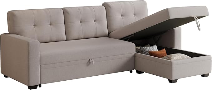 Ball & Cast Convertible Sectional Sleeper Sofa Bed L Shaped 4 in 1 Pull Out Couch with Reversible Storage Chaise & Removable Back Cushions,Sleeper Corner Pull Out Sofa Bed Couch for Living Room,Office