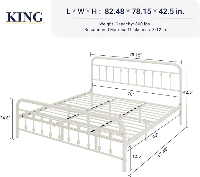 Allewie 14 Inches King Size Metal Platform Bed Frame with Victorian Style Iron-Art Headboard/Footboard, Mattress Foundation, Easy Assembly, Under Bed Storage, No Box Spring Required, White