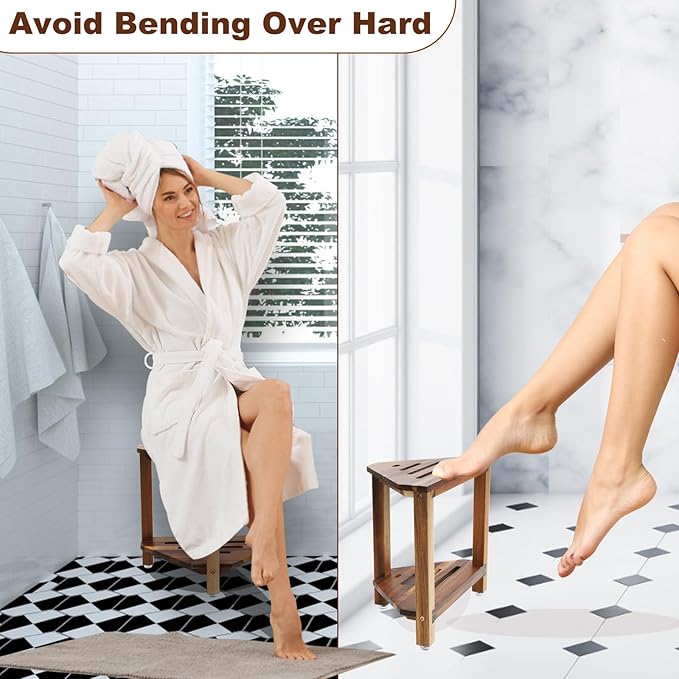 IBosins Corner Shower Stool with Storage Shelf Shower Foot Rest for Shaving Legs Small Bench for Inside Shower to Sit on Bath Seat - Acacia Wood