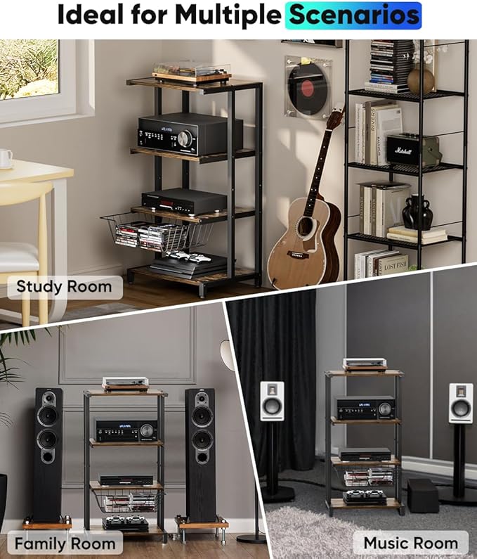 Media Stand with Detachable Baskets, 4-Tier AV Media Stand Corner Shelf for DVD Players/Cable Boxes/Games Consoles, Audio Storage Rack for Living Room, Gaming Room, Music Studio, Black