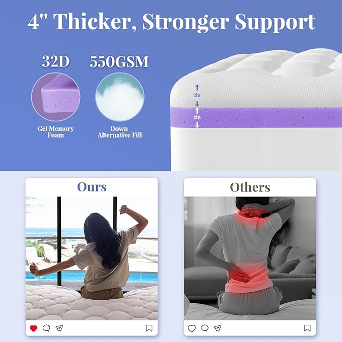 OhGeni Cooling 4 inch Dual Layer Queen Mattress Topper, 2 inch Cooling Gel Memory Foam, 2 inch Down Alternative Pillow Top Pad, Mattresses Cover for Bed, Medium Support, Fits 6”-19” Deep Pocket,Purple