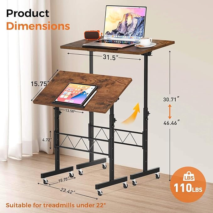 COMHOMA Small Standing Desk Adjustable Height & Tiltable Tabletop, Mobile Stand Up Desk for Laptop, Portable Computer Table for Home Office Work and Walking Pad Treadmill, Height 30.7"-46.4", Brown