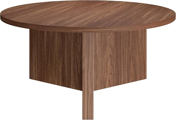 Henn&Hart 36" Round Wood Pedestal Coffee Table for Living Room, Family Room, Office, or Apartment, Satin Walnut