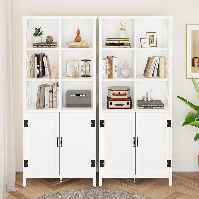 FATORRI Tall Bookshelf and Bookcase, Industrial Bookshelf with Doors, Bookcase with Storage, Cube Storage Organizer Bookshelves, Wood Book Shelf for Living Room, Home Office (White Oak, 67 Inch)