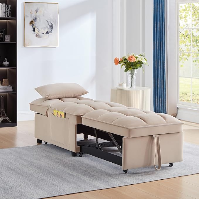 KEIKI Velvet Single Convertible Sleeper Chair Sofa Bed with Adjustable Backrest, Pillows & Storage Pockets, 3 in 1 Pull-Out Couch Chaise Lounge Recliner for Living Room Balcony Bedroom, Taupe