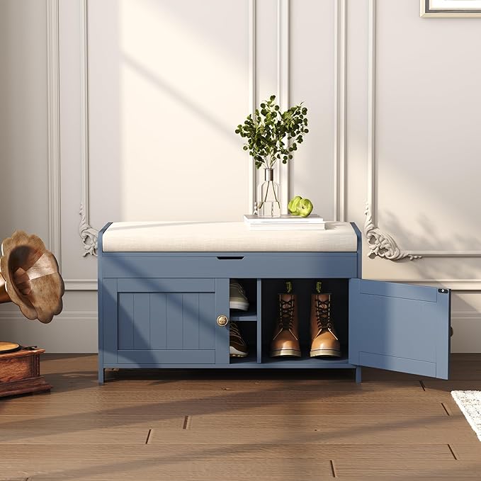 HOMEFORT 30" Shoe Bench with Lift Top Storage, Entryway Bench with Cushioned Seat, Wooden End of Bed Bench, Shoe Cabinet Bench with Hidden Storage Space, for Bedroom, Hallway, Blue