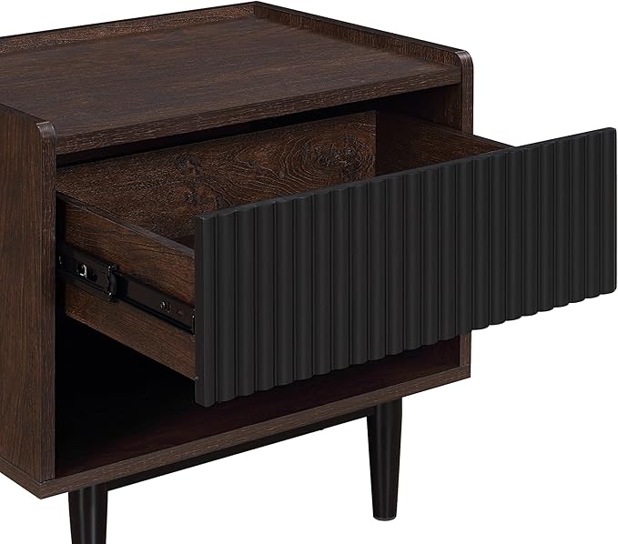 Manhattan Comfort Duane Modern Ribbed Nightstand, Bedside Table with Full Extension Drawer and Open Shelf, Industrial Chic Living Room and Bedroom Furniture, Black