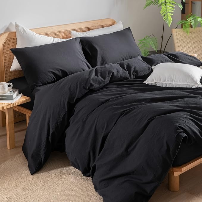 BESTOUCH Duvet Cover Set 100% Washed Cotton Linen Feel Super Soft Comfortable Chic Lightweight 3 PCs Home Bedding Set Solid Deep Black Cal King