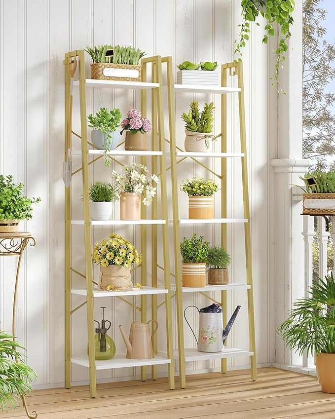 Ladder Shelf, Bookshelf Bookcase, Freestanding Corner Storage Shelve with 2 Hooks for Home Office, Living Room, Kitchen, Bedroom, Industrial, 5-Tier White Gold BC19213G