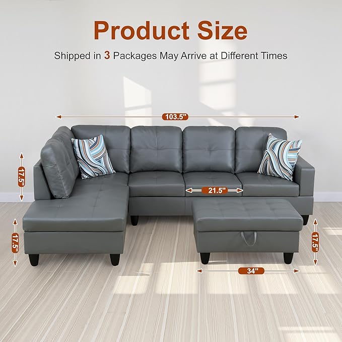 Osparple L Shaped Couch PU Leather Sectional Couches for Living Room Upholstered 3 Pieces Modular Sectional Sofa with Chaise, Ottoman with Storage for Living Room and Small Apartment, Dark Grey