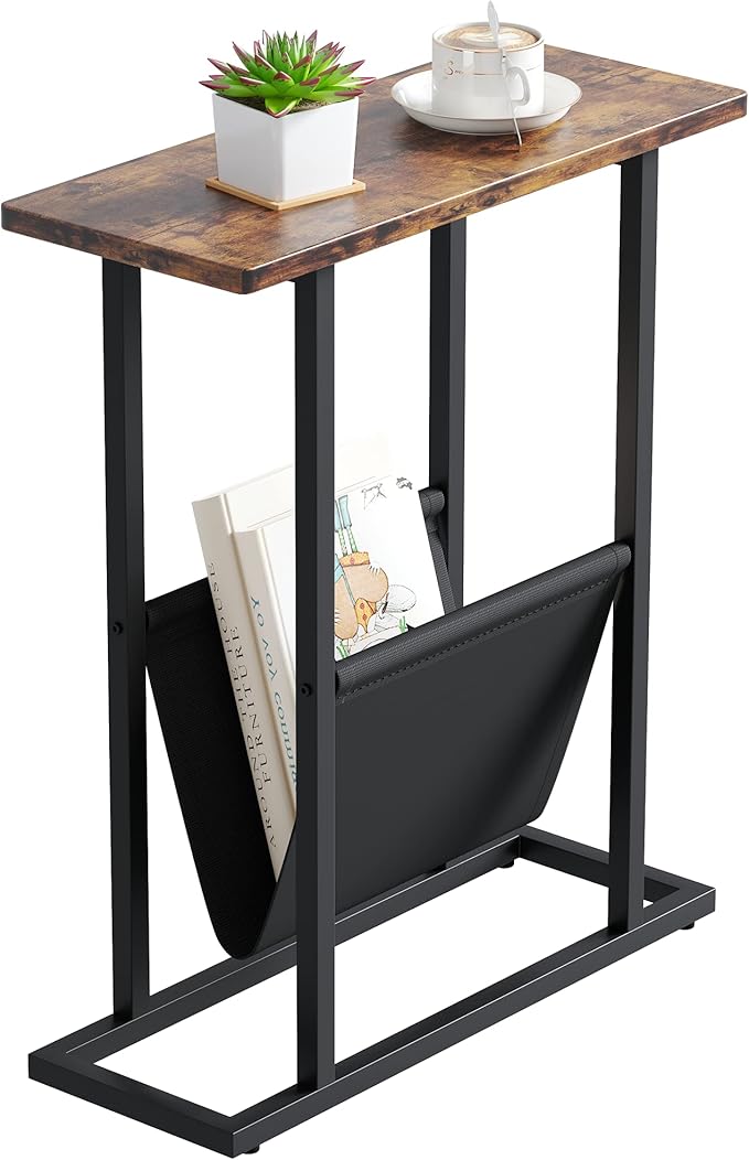 Yusong Small Narrow Side Table for Small Spaces, 17.7" W Slim End Table Magazine Table Nightstand with Storage Holder, Accent Skinny Snack Couch Bedside Table, Rustic Brown, Complete Iron Pipes