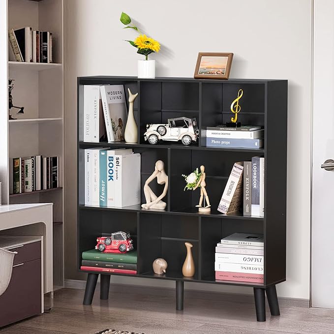 YAHARBO 8 Cube Bookshelf,3 Tier Bookcase with Legs,Black Mid-Century Modern Bookshelves,Large Free Standing Open Storage Organizer Shelf,Tall Wooden Book Case Furniture for Bedroom,Living Room,Office
