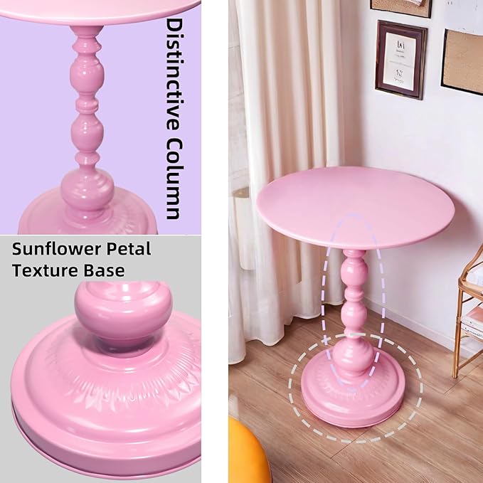 Benkyo Pink Round End Side Table Modern Metal Pedestal Spindle Side Tables for Living Room Bedroom，Pink