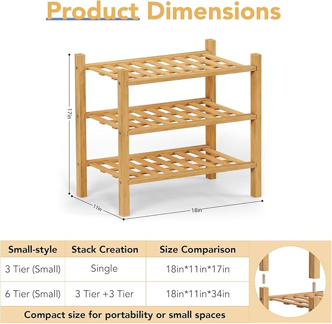 Haddockway small 3 Tier Bamboo Shoe Rack Storage Organizer,Multifunctional Free Standing Stackable Shoe Shelf with Grid Panel for Closet,Hallway,Entryway,Small Space 18"x11"x17"(Natural, 3-Tier Small)