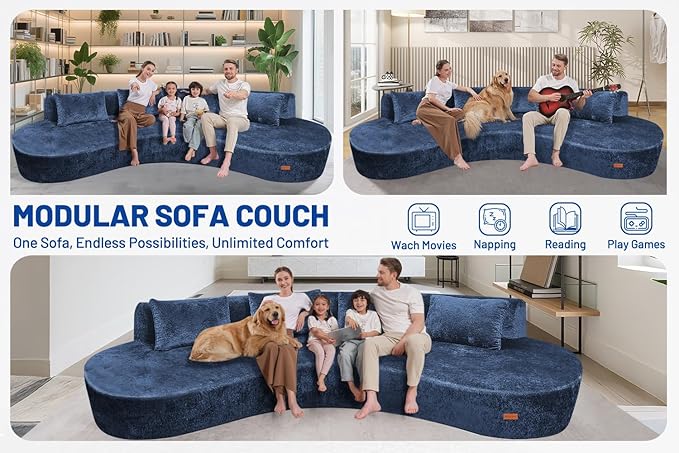 Homguava 130'' Modular Sectional Sofa,Curved Modern Sofa with Memory Foam,Deep Seat Cloud Couch with 4 Pillows,Upholstered Oversized Couches for Living Room Apartment Office,No Assembly Required-Blue