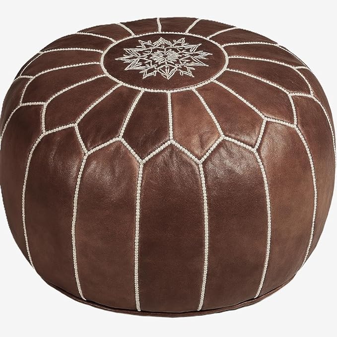 Stuffed Round Design Moroccan Leather Pouf Ottoman, Handmade, Pre-Filled, 100% Genuine Leather, 13” Height x 20” Diameter, Footstool & Living Room Décor (Dark Brown)