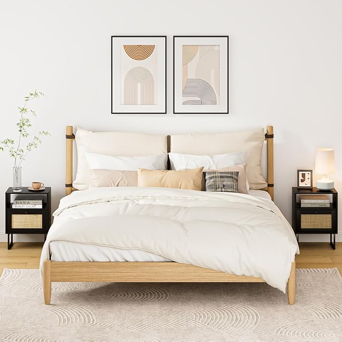 Rattan Nightstand, Mid Century Modern Night Stand,Boho Farmhouse Wood Bedside Table with Storage and Open Shelf, End Side Accent Table for Bedroom,Living Room,Black