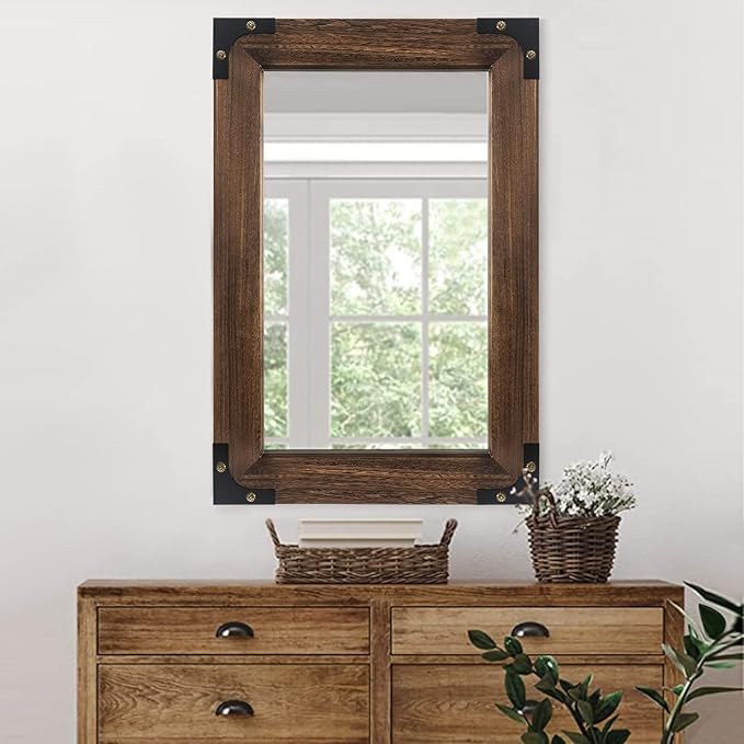 blue page Rustic Mirror Wood Mirror for Bathroom, Decorative Framed Wall Mirror, Farmhouse Natural Vanity Mirror, Wall Mounted Rectangular Mirror for Bedroom Living Room, Small 20x28 Inch