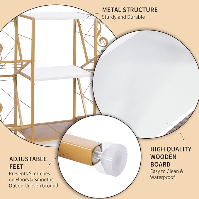Record Player Stand with Vinyl Record Storage, Turntable Stand with 4-Tier Vinyl Display Shelf & Metal Frame, Record Holder for Living Room, Gold & White