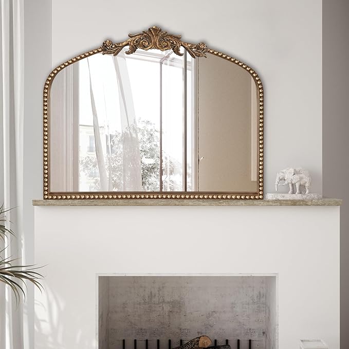 ironsmithn Gold Arched Mirror, 30"x36" Ornate Beaded Frame Mirrors, Metal Decorative Accent Mirror for Fireplace Bedroom Bathroom Living Room Entryway