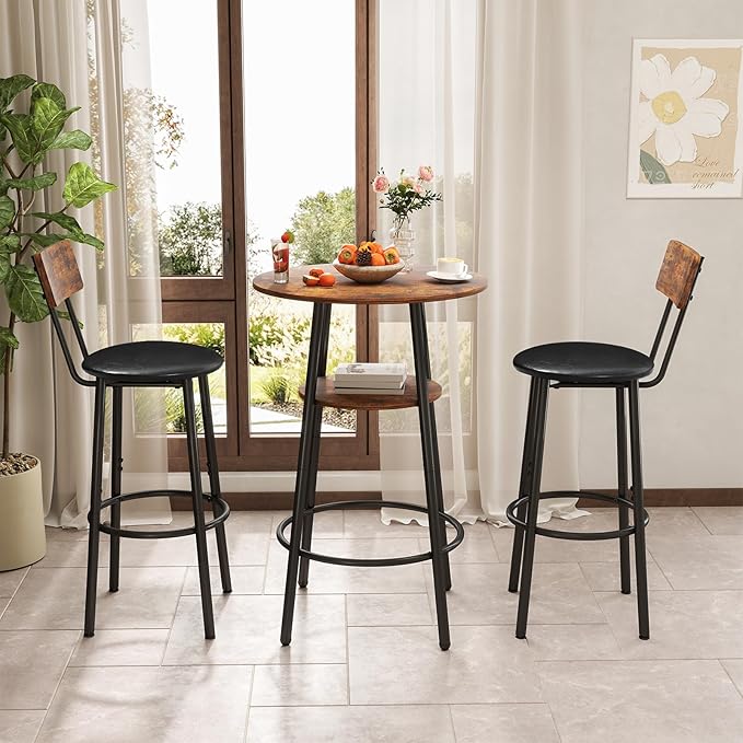 3 Pieces Round Bar Table and Chair Set, Small Dining Table for 2, Breakfast Table with Storage, Modern Kitchen Bar Table, 2 Upholstered Stools with Backrest for Dining Room & Bistro-Brown