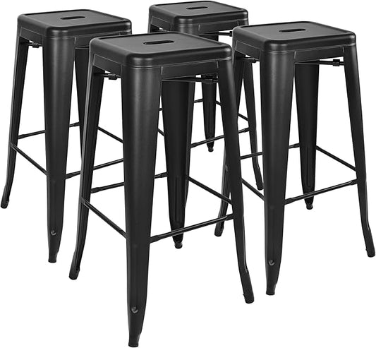 30 Inches Metal Bar Stools, High Backless Stools, Indoor Outdoor Stackable Kitchen Stools, Set of 4, Dark