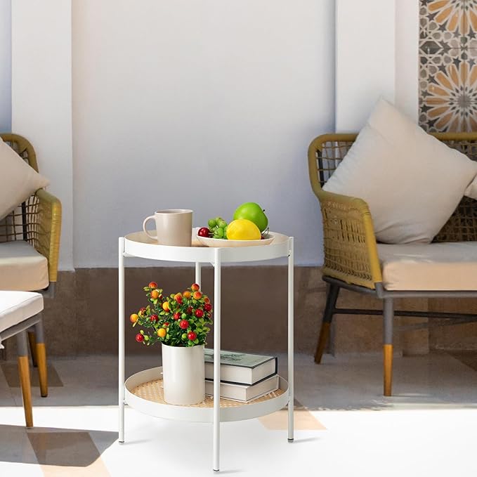 TeoKJ All Metal Side Table, 2 Tier Anti Rust End Table with Imitation Rattan Pattern on Removable Trays, Round Table for Living Room, Small Nightstand for Bedroom 20.47 Inch x 16.54 Inch Pearl White