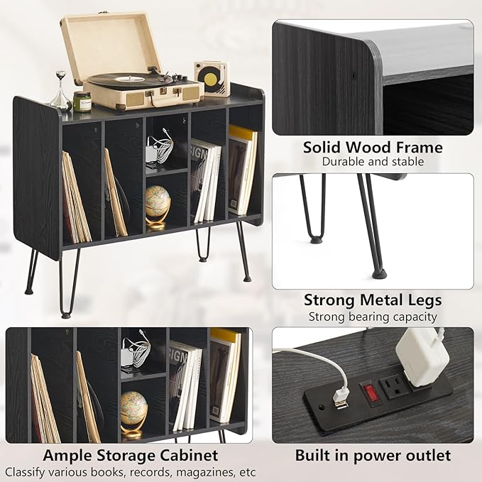 Large Record Player Stand with Vinyl Storage, Black Record Player Table with Power and USB Port, Holds Up to 200 Albums, Turntable Stand with Record Storage, Vinyl Record Player Storage Cabinet
