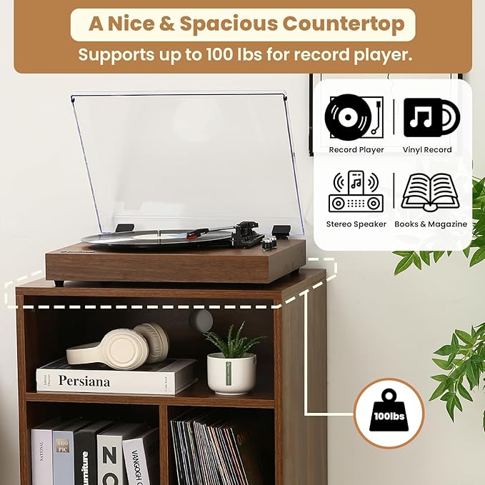 Record Player Table – 20 x 15.75 x 32 Inches- Vintage Decor Side Table with Wood Legs, Record Holder Stand - Walnut Finish Retro Furniture Storage Cabinet for Living Room, Bedroom, Kitchen